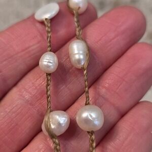 Boho Freshwater Pearl Braided Cord Long Strand Necklace Sterling Silver 34"